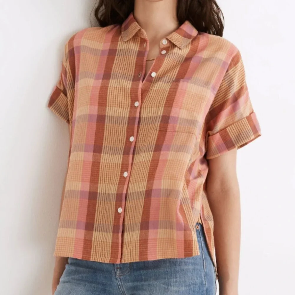 Madewell Women's Neon Madras Plaid Button‎ Short Sleeve Cotton Daily Shirt Small - Picture 10 of 11
